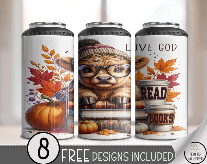 Cute Autumn 4in1 Can Cooler Wrap, Highland Cow Sublimation Design, Love God Read Books Printable Fall Colors A574