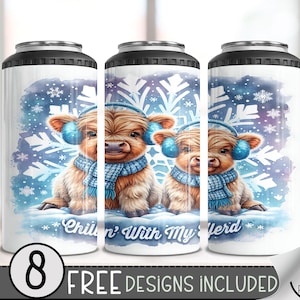 Cute Highland Cow Can Cooler Wrap, Winter 16 oz 4-in-1 Cooler Sublimation, Funny Snowflake 16Oz Tumbler File, Holiday Design File PNG
