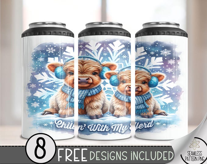 Cute Highland Cow Can Cooler Wrap, Winter 16 oz 4-in-1 Cooler Sublimation, Funny Snowflake 16Oz Tumbler File, Holiday Design File PNG