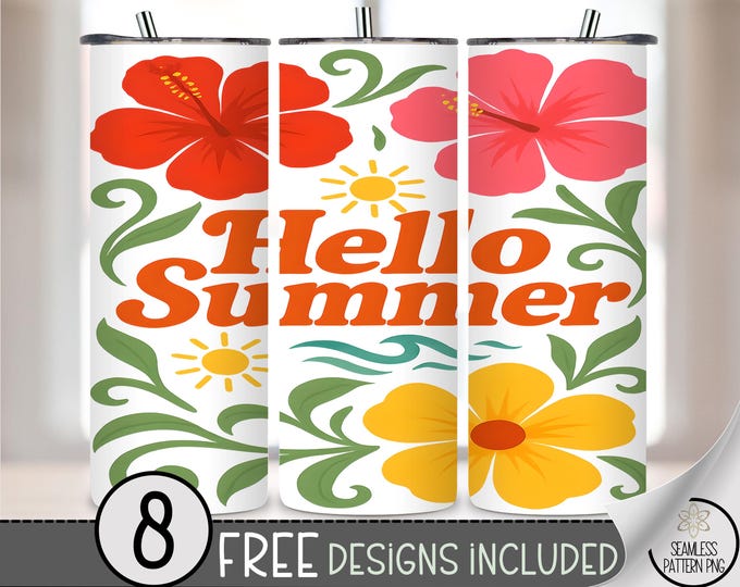 Hello Summer Tumbler Wrap PNG, Retro Floral 20oz Skinny Wrap Sublimation Design, Bright Tropical Sun and Flowers Summer Cup PNG A246