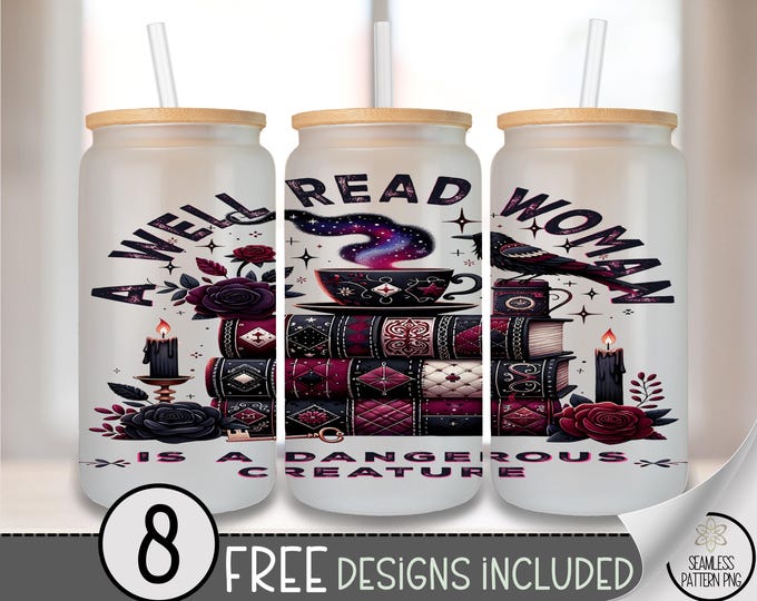 Gothic Book Lover Glass Can Wrap PNG, Witchy Library Tumbler Design (Digital Download) B866