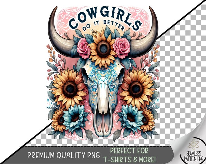 Cowgirl Skull with Floral Design, Rustic Western Sublimation Design, Printable Boho Skull Graphic, Country Western Clipart, A451