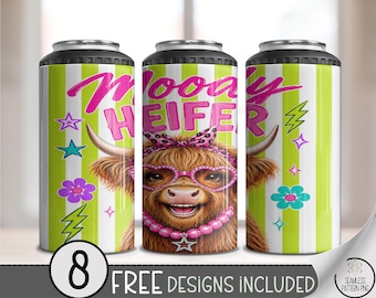 Moody Heifer 4-in-1 Can Cooler Wrap, Highland Cow Sublimation Design, Retro Kitsch 16 oz 4-in-1 File, Digital Download, B10319