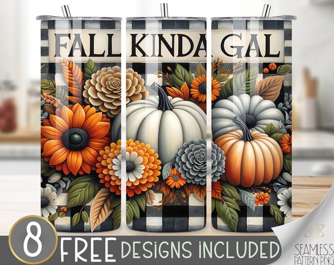 Fall Kinda Gal Sublimation Tumbler Wrap, Pumpkins Sunflowers & Buffalo Plaid Design, Fall Tumbler Wrap, Pretty Autumn Tumbler File, Floral