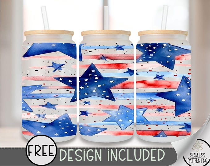 Patriotic Stars Glass Can Wrap PNG, 4th of July Tumbler Wrap, Red White Blue Sublimation Design, 16 oz Star Wrap for Glass Can A263