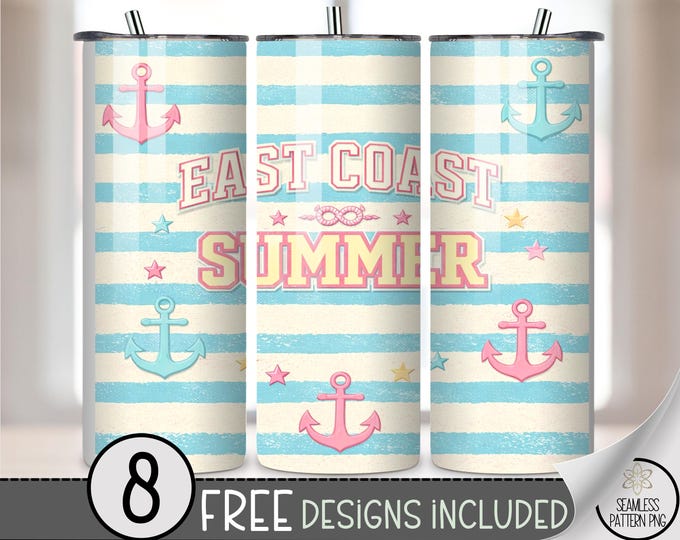 East Coast Summer 20 oz Tumbler Wrap, Distressed Retro Sublimation Design for Straight Tumblers, Anchor PNG File, B10217