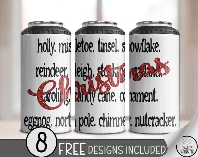 Festive Christmas 4in1 Can Cooler Wrap - Playful Holiday Words Design, Bold Red Highlights, Decorative Sublimation Art Print A474