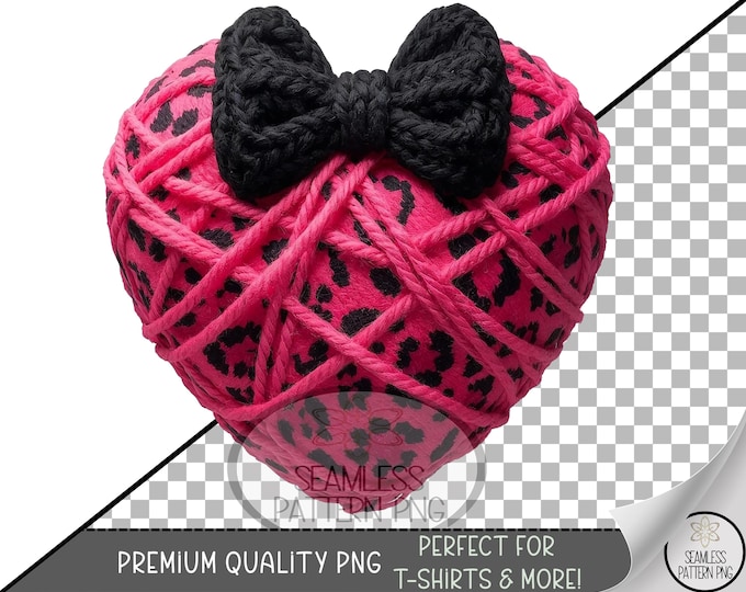 Faux Knitted Pink Heart Sublimation Design, Leopard Faux Yarn UV DTF Graphic, Heart Clip Art, Coquette Bow Downloadable PNG, B827