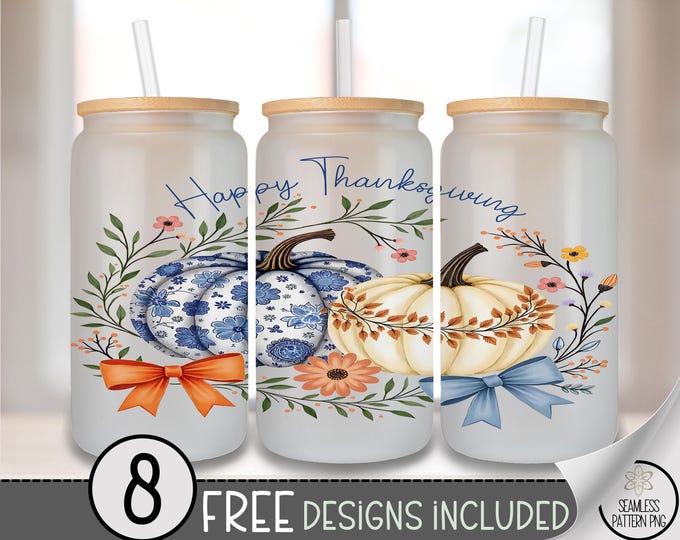 Rustic Glass Can Wrap, Cozy 16oz Glass Tumbler Sublimation Design, Digital Download, Happy Thanksgiving Pumpkin PNG File A478