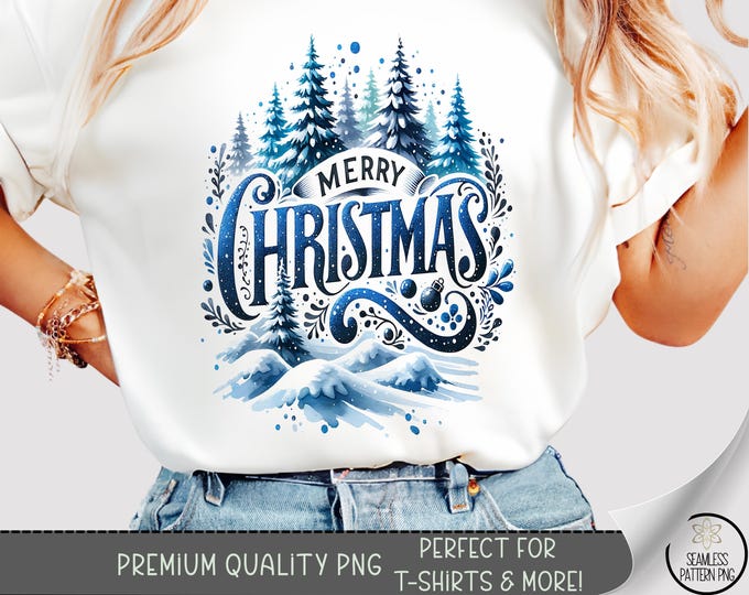 Christmas T-shirt PNG, Blue Sublimation Design, Xmas DTF Shirt Graphic, Snowy Pine Trees TShirt File, Printable Holiday Design A537