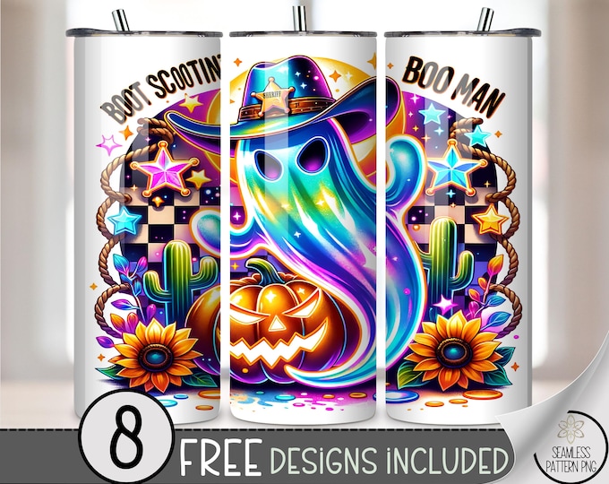 Funny Halloween 20 oz Tumbler Wrap, Vibrant Sublimation Design for Straight Tumblers, Neon Ghost Cowboy PNG Files, Digital Download, B10296