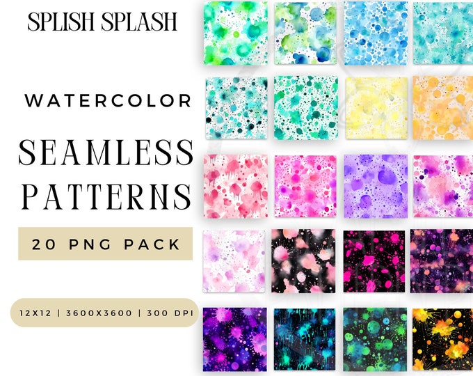 Digital Splish Splash Seamless Pattern PNG Bundle, Spring Sublimation File, Vibrant Summer Splat Watercolor Repeating Pack Commercial Use