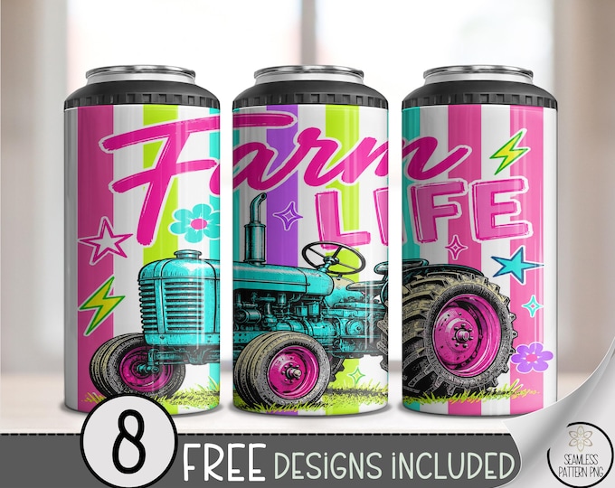 Vintage Farm Tractor 4-in-1 Can Cooler Wrap, Preppy Stripe Sublimation Design, Farm Life File B10306