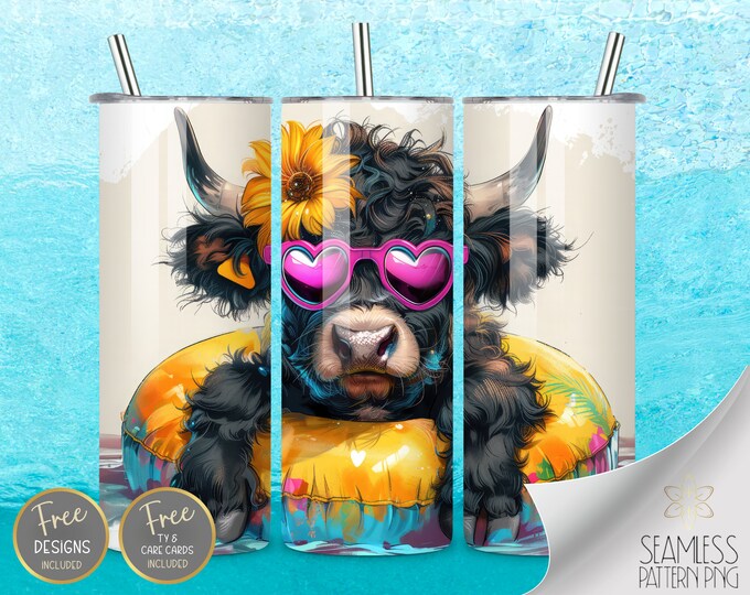 Cute Highland Cow, Floating Cow 20 oz Straight Tumbler Wrap Sublimation, Pool Party Tumbler Design Files, Funny Summer Instant Download PNG