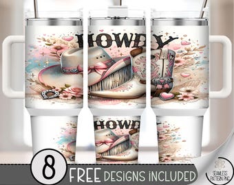 Howdy Cowgirl 40 oz Tumbler Wrap PNG, Pink Western Boots Hat Floral Sublimation Design, 40oz Rodeo Girl Country Western Cup PNG A266