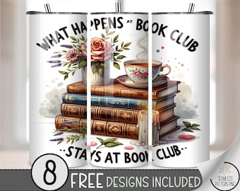 Vintage Book Club 20 oz Tumbler Wrap, Floral Teacup PNG Stacked Books, Rustic Reading Tumbler Wrap, Book Lover Printable 20oz Design, A416