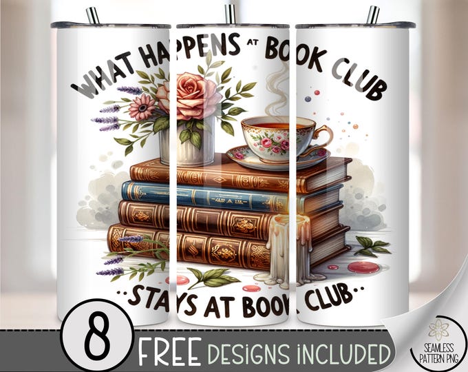 Vintage Book Club 20 oz Tumbler Wrap, Floral Teacup PNG Stacked Books, Rustic Reading Tumbler Wrap, Book Lover Printable 20oz Design, A416