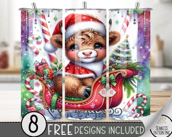 Christmas Highland Cow Tumbler Wrap, Santa Tumbler Wrap, Santa Highland Cow,  Xmas Gift Trucker 20 OZ Sublimation Design File Download
