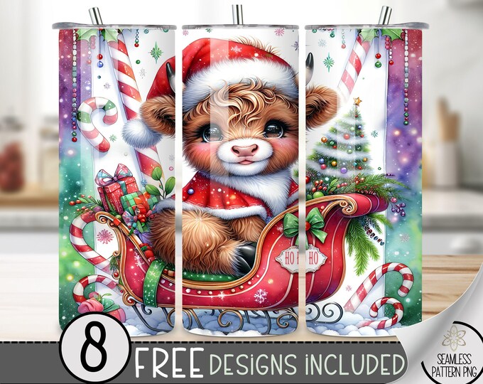 Christmas Highland Cow Tumbler Wrap, Santa Tumbler Wrap, Santa Highland Cow,  Xmas Gift Trucker 20 OZ Sublimation Design File Download