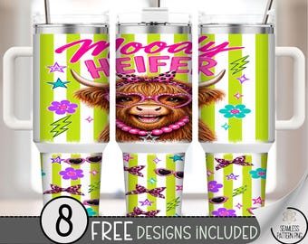 Highland Cow 40 oz Tumbler Wrap, Quirky Heifer Sublimation Design, Retro Fun PNG, Pop Style, B10319