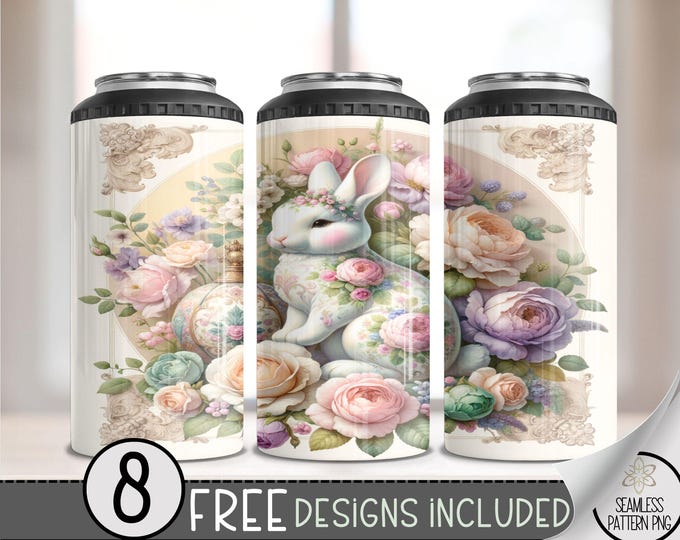Shabby Chic Easter 4 in 1 Can Cooler Wrap,Easter Egg 4in1 Tumbler PNG,Egg Bunny 16 Oz Can Cooler Sublimation Design,Rococo Grand Millennial