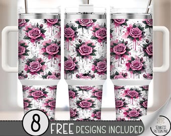 Roses PNG, Pink Roses 40 Oz Tumbler Wrap, Floral Sublimation Design, Romantic Grunge, B920