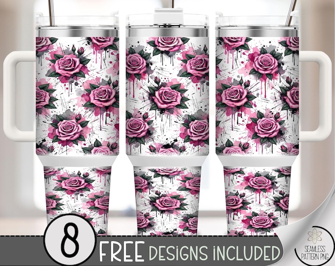 Roses PNG, Pink Roses 40 Oz Tumbler Wrap, Floral Sublimation Design, Romantic Grunge, B920