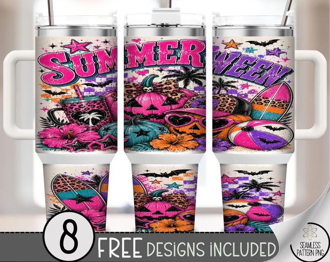 Summerween 40 oz Tumbler Wrap, Neon Leopard Beach Sublimation Design, Cute Halloween Trendy Png File, Digital Download, B10404