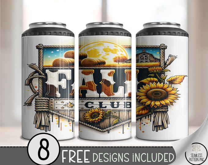 Rustic Fall Club 4in1 Can Cooler Wrap, Autumn Landscape with Sunflowers & Sun Graphic, Festive Sublimation Design Printable File, A475
