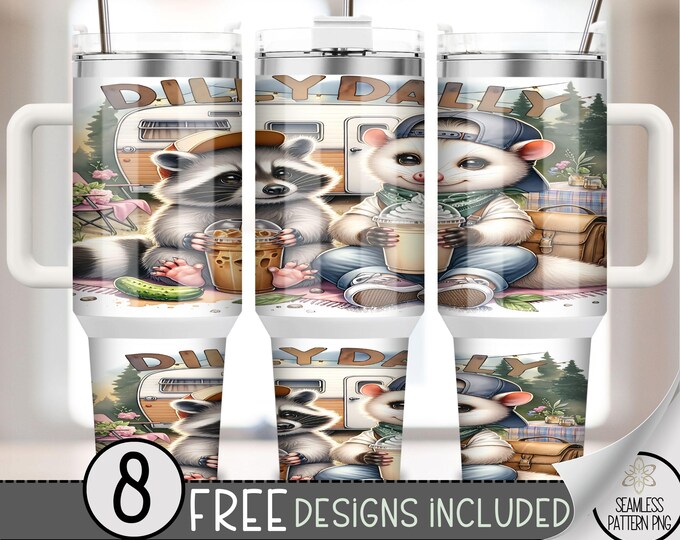 Dilly Dally 40oz Tumbler Wrap, Coffee & Pickle Funny Y2K Tumbler Sublimation Design, Funny Meme Racoon 40oz Quencher Tumbler Wrap PNG, A157