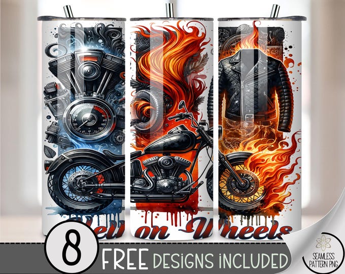 Vintage Motorcycle Tumbler Wrap, Fiery Biker PNG, Cool Motorcycle Design, Printable Sublimation for 20oz Tumblers, Hot Wheels Wrap A484
