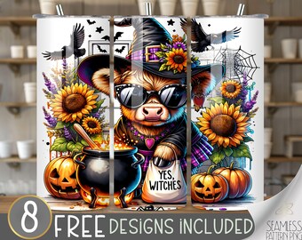Yes Witch 20 oz tumbler sublimation designs highland cow, Halloween tumbler wrap, pumpkin raven straight tumbler instant download