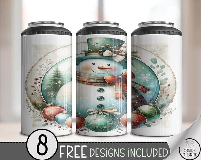 Antique Snowman with Green Hat 4in1 Can Cooler Wrap, Holiday Cheer Sublimation Design, Christmas Ornaments, Pine Foliage A552