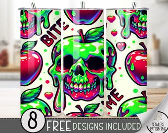 Poison Apple Tumbler Wrap, Bite Me 20 oz Skinny Tumbler, Halloween Tumbler PNG, Spooky Skeleton 20 Oz Skinny Tumbler Sublimation Design