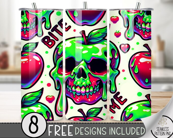 Poison Apple Tumbler Wrap, Bite Me 20 oz Skinny Tumbler, Halloween Tumbler PNG, Spooky Skeleton 20 Oz Skinny Tumbler Sublimation Design