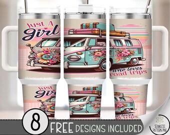 Just A Girl Who Loves Road Trips 40oz Tumbler Wrap, Floral Retro Van PNG, Boho Adventure Sublimation, Pastel Travel Tumbler Wrap, A376