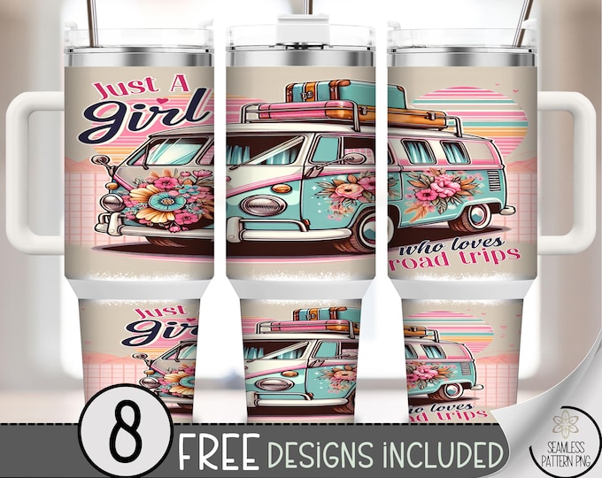 Just A Girl Who Loves Road Trips 40oz Tumbler Wrap, Floral Retro Van PNG, Boho Adventure Sublimation, Pastel Travel Tumbler Wrap, A376