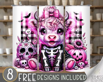 Coquette Halloween Tumbler Wrap Cute Highland Cow Tumbler Sublimation 20oz Skinny Trendy Design Spooky Coquette PNG Halloween Skeleton Goth