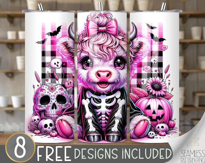 Coquette Halloween Tumbler Wrap Cute Highland Cow Tumbler Sublimation 20oz Skinny Trendy Design Spooky Coquette PNG Halloween Skeleton Goth
