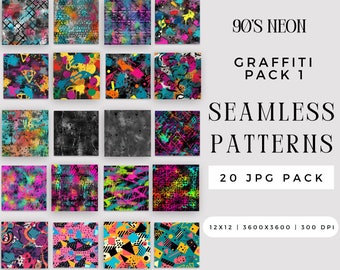 Digital 90's Neon Graffiti Seamless Pattern JPG Bundle, Summer Acid Wash Splat Sublimation Texture File, Repeating Pack Commercial Use
