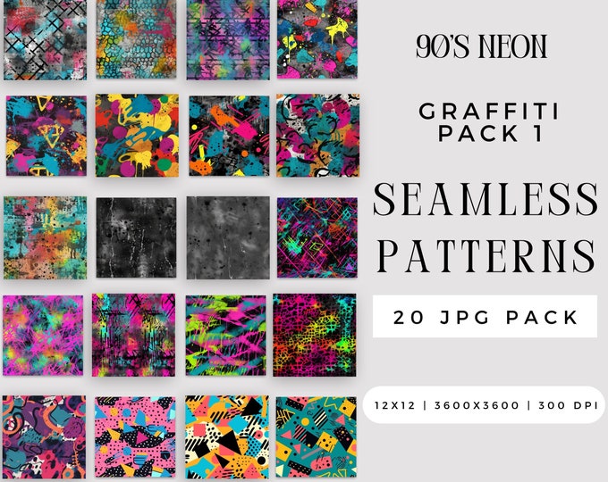Digital 90's Neon Graffiti Seamless Pattern JPG Bundle, Summer Acid Wash Splat Sublimation Texture File, Repeating Pack Commercial Use