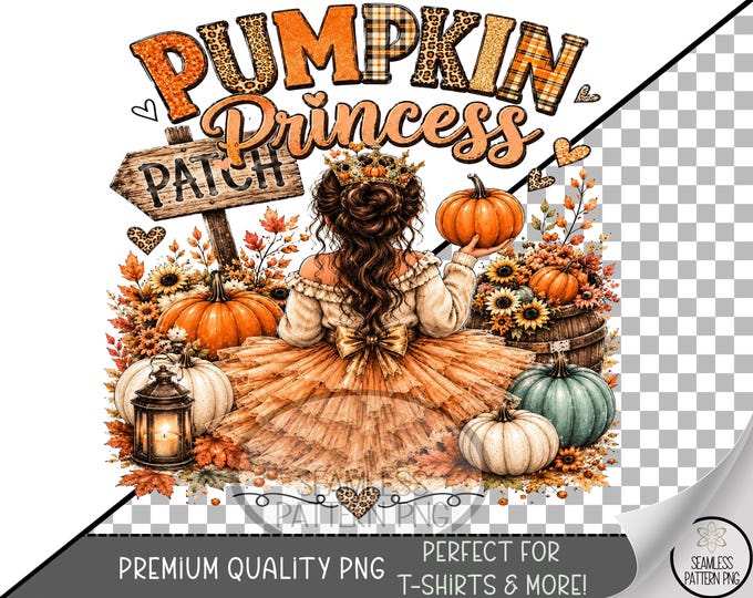 Autumn Sublimation Design, Pumpkin Princess Patch UV DTF Graphic, Fall Clip Art, Digital Download, B10334