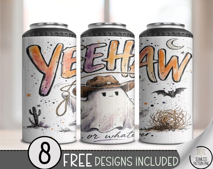 Halloween Yeehaw Ghost 4 In 1 Can Cooler Wrap, Spooky Western Sublimation Design, Digital Download, B10439