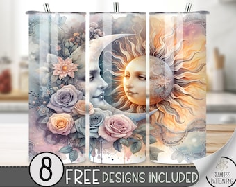 Lace Moon Tumbler Wrap, Sun Moon Boho 20 Oz Skinny Tumbler Sublimation Design, Celestial PNG Tumbler Wrap, Floral Png File Instant Download