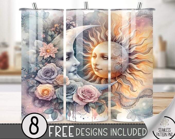 Lace Moon Tumbler Wrap, Sun Moon Boho 20 Oz Skinny Tumbler Sublimation Design, Celestial PNG Tumbler Wrap, Floral Png File Instant Download