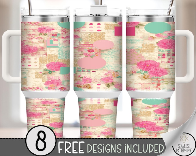 Floral Patchwork 40oz Tumbler Wrap, Pink Peony Sublimation Design,  PNG Files, Digital Download, B10504