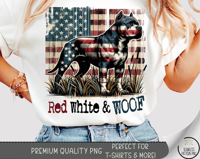 Patriotic Pitbull Shirt PNG, 20 oz Sublimation Design Red White & Woof T-Shirt Design for Dog Lover, 4th of July American Flag Dog File A274