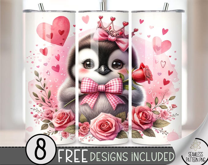 Valentine Penguin Tumbler Wrap, Love Sublimation Tumbler Wrap, Vday 20Oz Sublimation Wrap,Valentines Day Sublimation Tumbler Design PNG