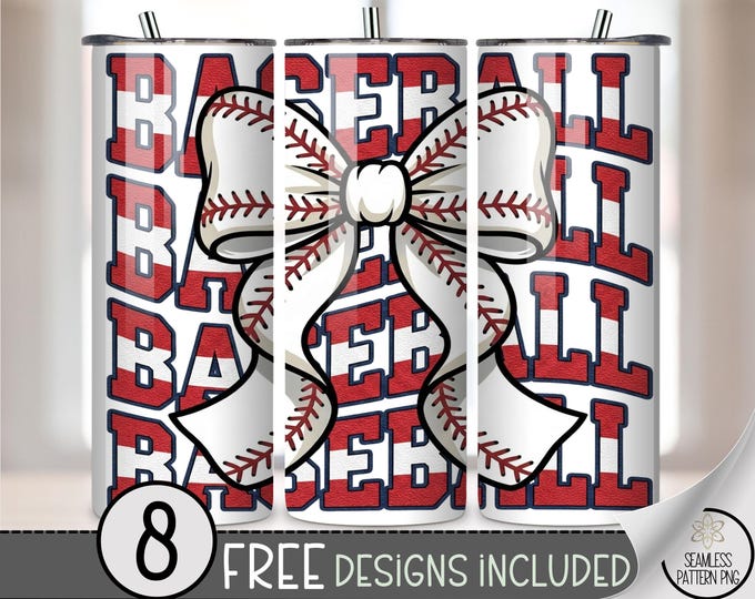 Baseball Bow 20 oz Tumbler Wrap, Playful Sublimation Design for Straight Tumblers, Festive PNG File, Digital Download, B10156