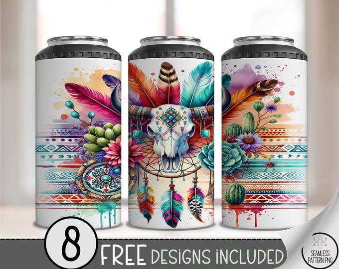 Boho Skull 4-in-1 Can Cooler Wrap PNG, Bull Skull with Feathers, Dreamcatcher, Cactus, and Tribal Pattern, Western Sublimation Design, A403
